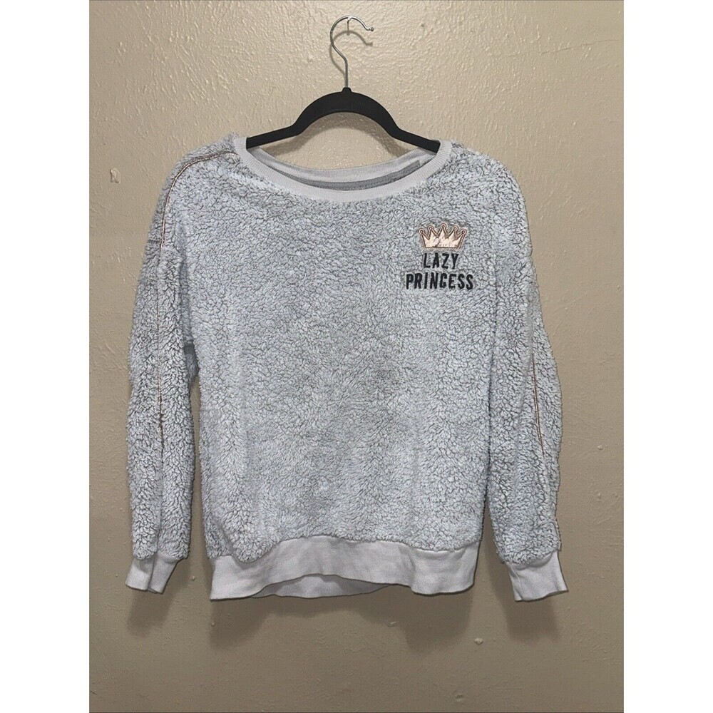 Lazy Princess Gray Fuzzy Sherpa Sweatshirt Crown‎ Girls Cozy Pullover